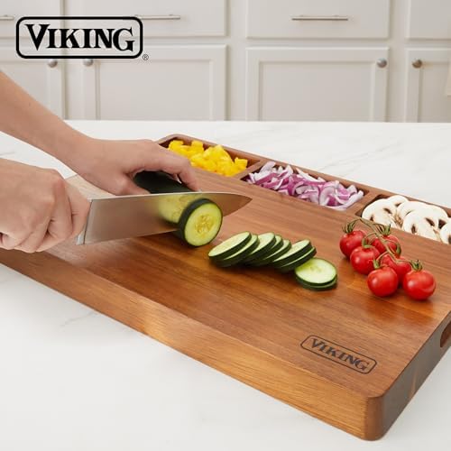 Viking Cutting Board, Acacia Wood Kitchen Butcher Block Carving Board with Juice Groove and Metal Handles, 23 x 14 x 1 Inch