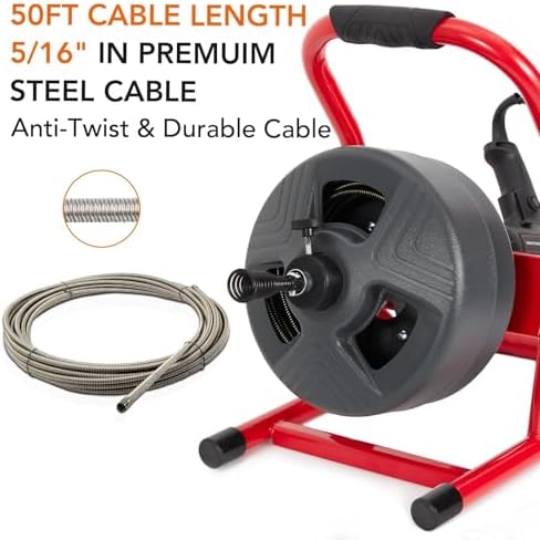 PIONEERWORKS 50Ft x 5/16 Inch Drain Cleaner Machine, Electric Drain Auger Professional for 3/4 to 3 Inch Pipes, Foot Switch with 6 Cutters, Glove