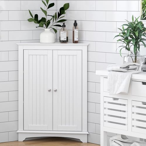 Spirich Corner Bathroom Cabinet with Doors and Adjustable Shelf, White