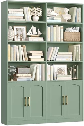 Bookshelf and Bookcase with Doors, Double Wide Large Bookshelves | Industrial Open Display Shelves 6 Tier, 73'' Tall Bookshelf with Storage Cabinets for Office,Home, Living Room, Library,White