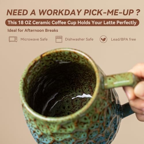 18oz Unique Kiln-Change Ceramic Coffee Mug, Handcrafted Hammered Texture Ceramic Mug with Ergonomic Handle, Microwave & Dishwasher Safe