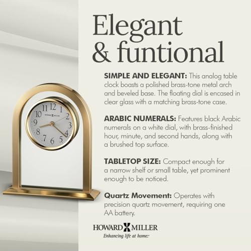 Howard Miller Imperial Brass Quartz Table Clock – Polished Finish, Glass Face – Mantel Clock for Home or Office, Gift for Wedding, Anniversary