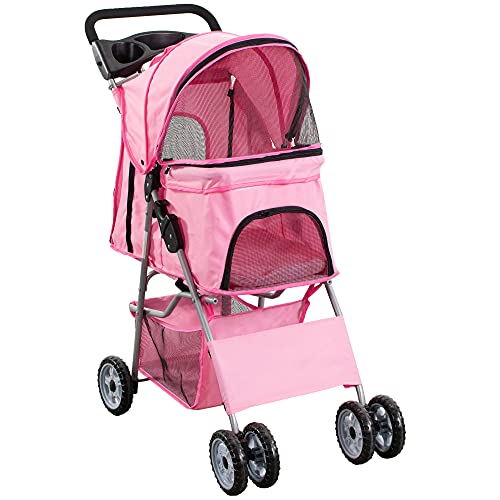VIVO Black 4 Wheel Pet Stroller for Cat, Dog and More, Foldable Carrier Strolling Cart, STROLR-V001K