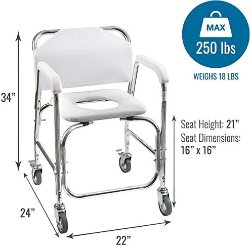 DMI Rolling Shower Chair, Commode, Transport Chair, FSA Eligible, Rolling Bathroom Wheelchair for Handicap, Elderly, Injured or Disabled