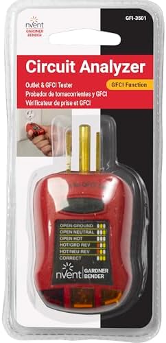 Gardner Bender GFI-3501 Ground Fault Receptacle Tester & Circuit Analyzer, 110-125V AC, for GFCI / Standard / Extension Cords & More, 7 Visual LED Tests , Red | 110-125V AC Receptacle Tester w/ 3 LED Lights Indicating 7 Wiring Conditions, Tests GFCI & Ou…