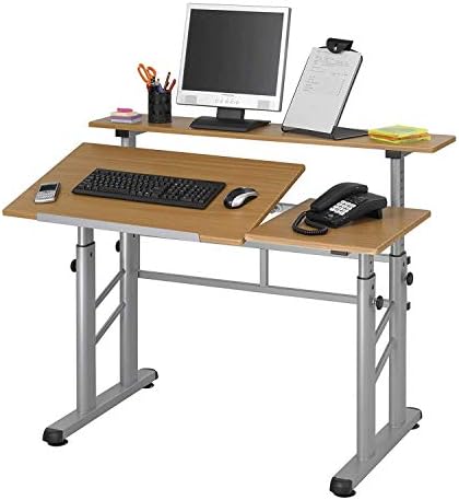 Safco Split-Level Drafting Table Height Adjustable Sit-to-Stand, 29.5" to 37.5", Medium Oak