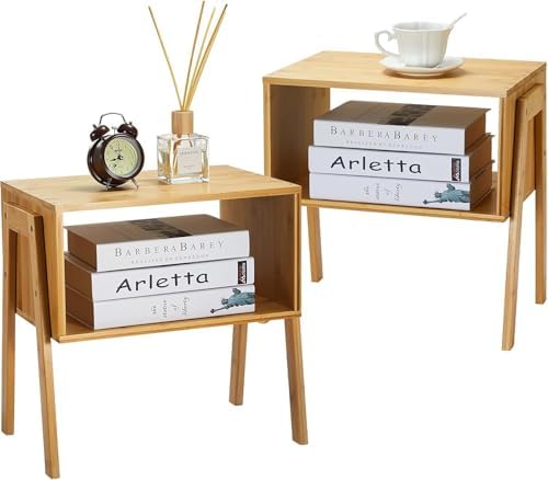 Pipishell Nightstands Set of 2, Bamboo Stackable Bedside Table, Night Stands with Storage Shelf, Small Bed Side Tables, 2-Tier End Table for Bedroom