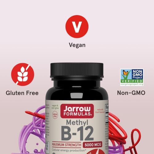 Jarrow Formulas Methyl Vitamin B12 5000 mcg - 60 Chewable Tablets, Naturally Fruit Flavored- Bioactive B12 Vitamin - Supports Cellular Energy Production, Brain Health & Metabolism - 60 Servings | Fruit Flavored, Bioactive B12 Vitamin, Supports Cellular E…