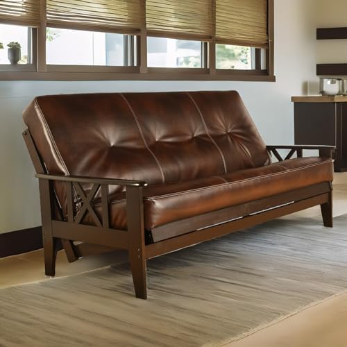 Full Size Camel Futon Cover Only Bonded Leather Premium Collection Fits 6-8 inch Futons Mattress (Havana)