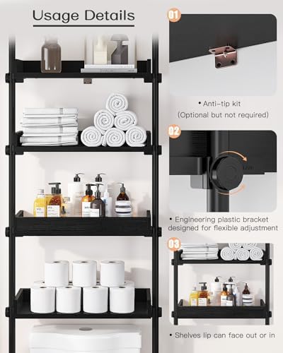 ALLZONE Bathroom Organizer, Over The Toilet Storage, 4-Tier Adjustable Wood Shelves for Small Rooms, Saver Space Rack, 92 to 116 Inch Tall