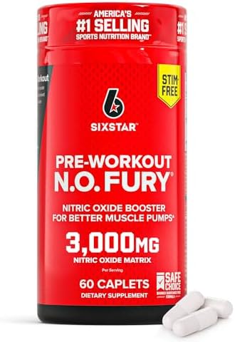 Six Star Pre-Workout N.O Fury Nitric Oxide Booster Pills for Muscle Pumps | Nitric Oxide Booster Pills Muscle Pump Pre Workout Supplement - Sports