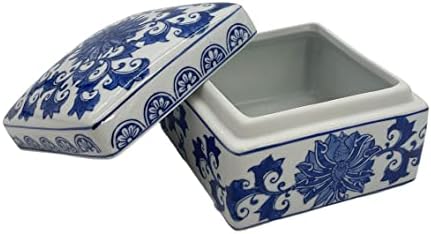 Blue & White China Lotus Floral Pattern Chinoiserie Square Ceramic Storage Box Jewelry Trinkets Organizer