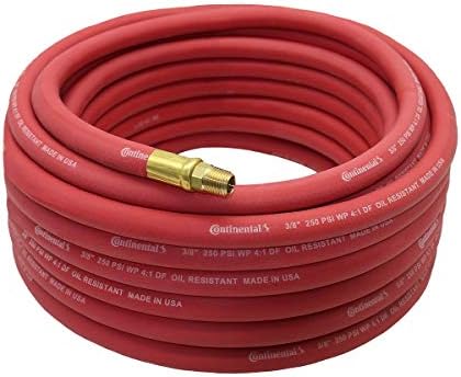 Continental 50' x 3/8" Red Rubber Air Hose - Working Pressure: 250 PSI - Burst Pressure: 1070 PSI - 100% Brass 1/4" NPT Fittings - Made in USA