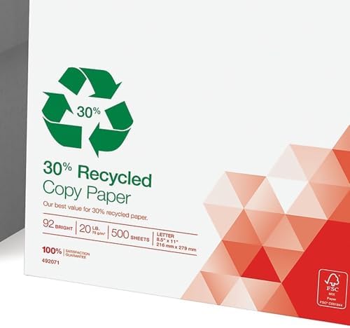 Staples 30% Recycled 8.5-Inch X 11-Inch Copy Paper 20 Lbs 92 Brightness 500/Ream, For Office, School & Home