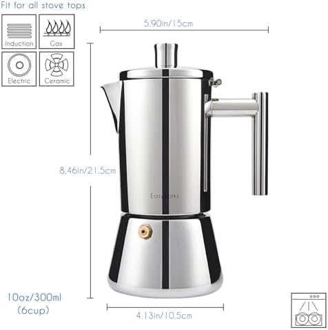 Easyworkz Diego Stovetop Espresso Maker Stainless Steel Italian Coffee Machine Maker 6Cup 10 oz Moka Pot Induction Espresso Pot