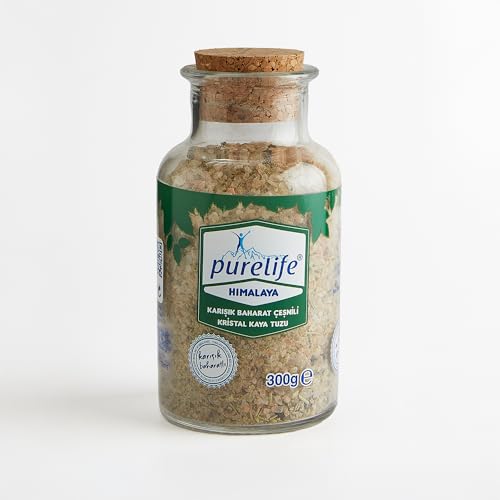 Purelife Himalayan Rock Salt with Mixed Herbs & Spices – Gourmet Kosher Natural Crystal Blend with Minerals in Glass Bottle with Ceramic Mill