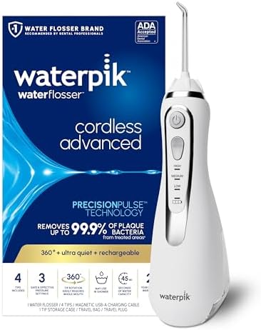 Waterpik Cordless Advanced Portable Water Flosser, Rechargeable, Black | 3 Settings, 4 Tips, Travel Bag, for Gums, Teeth, Dental Braces, Implants, Shower Use ADA Accepted WP-582 Packaging May Vary