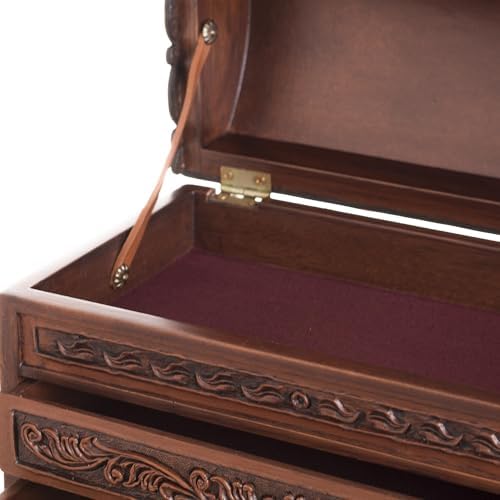NOVICA Artisan Handmade Leather Cedar Wood Jewelry Chest Bird Pattern from Peru Brown Boxes Colonial Floral Animal Themed [8.25in H x 11.5in W x 6in