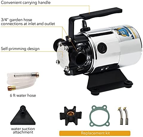115V 330GPH Self-Priming Transfer Pump, LilMonster Auto Portable Electric Utility Water Pump with Suction Hose Kit,Bright Silver