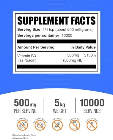 BulkSupplements.com Niacin Powder - Vitamin B3 Supplement, Niacin Flush - Gluten Free, 500mg per Serving, 250g (8.8 oz) (Pack of 1)