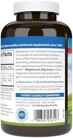 Carlson Chelated Magnesium Glycinate, 200 mg, Muscle Function, 180 Tablets | Superior Absorption; Bone Support