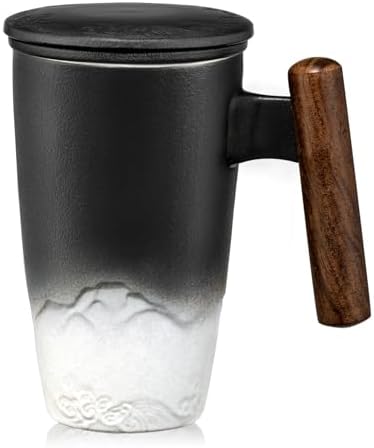 suyika Tomotime Ceramic Tea Cup with Infuser and Lid Tea Mugs Wooden Handle 400ml/13.5oz Black