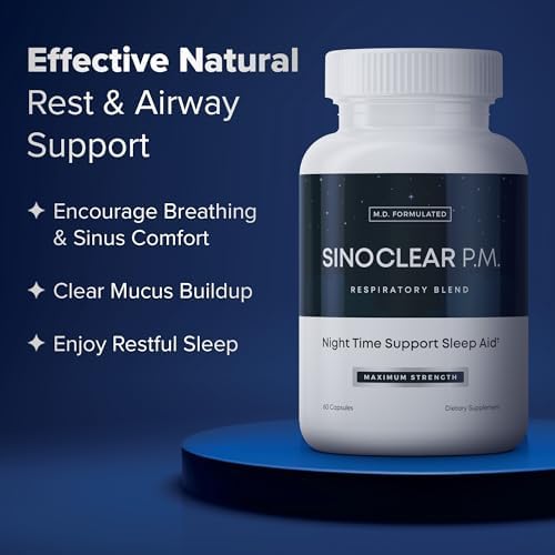 SinoClear PM Lung Detox & Sinus Pressure Relief Supplement 60 caps, Nighttime Nasal Decongestant, Sinus Relief, & Lung Cleanse Blend - Mullein Leaf