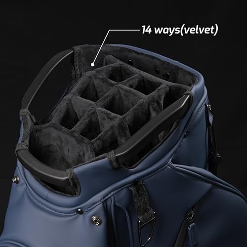 14-Way Full Length Dividers Golf Cart Bag - Waterproof Synthetic Leather Golf Bag with 15 Pockets, Durable Golf Club Bag for Men & Women, Available in Black, Blue, Gray