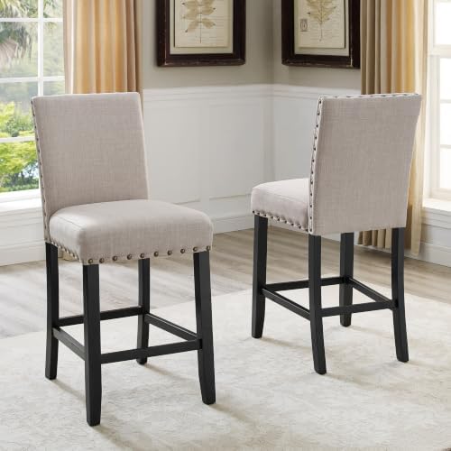 Biony Blue Fabric Counter Height Stools with Nailhead Trim, Set of 2