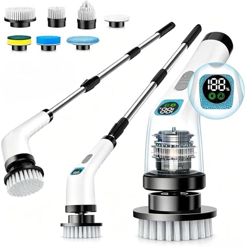 Electric Spin Scrubber for Cleaning Bathroom - Cordless Power Scrubber with 7 Brushes Heads - Shower Cleaner Brush with Long Handle