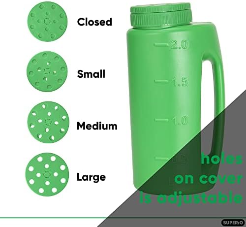 Superio Lawn Seed Spreader, Handheld Shaker for Lawn Seeds, Ice Melt Salt, Calcium, Deicer, Weed and Feed Spreader, 2 Liter, Adjustable Hole Size