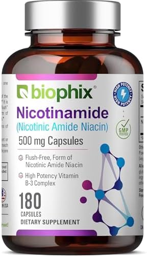 biophix B-3 Nicotinamide 500 mg 180 Caps - Nicotinic Amide Niacin Natural Flush-Free Vitamin Formula - Supports Skin Cell Health