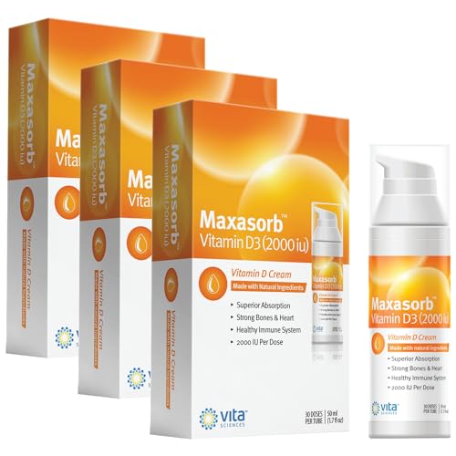 Vita Sciences Maxasorb Vitamin D3 Cream 2,000 IU, Topical Formula - 1.7 Oz | Delivers 2,000 IU of Topical Vitamin D3 Cream Per Pump - Fast-absorbing, Non-greasy, Paraben-Free Daily Skin Moisturizer.