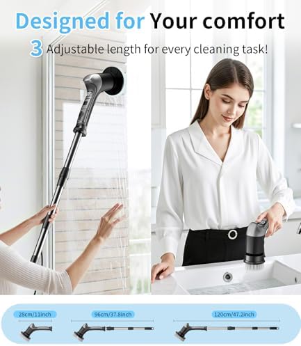 Electric Spin Scrubber with 3 Speed, Adjustable Extension Handle, 8 Brush Heads,Cordless Power Cleaning Brush for Bathroom, Tile, Kitchen-Grey