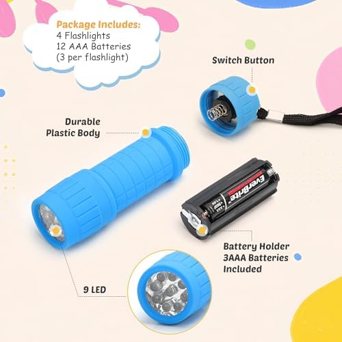 EverBrite 16-Pack Mini LED Flashlights with 48 AAA Batteries Included | 16-Pack small flashlights in 4 colors, including AAA batteries, ready-to-use for Home Emergency, Hiking, Bulk Holiday Gifts