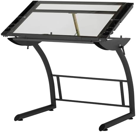 SD Studio Designs Triflex Drawing Table, Sit to Stand Up Adjustable Office Home Computer Desk, 35.25" W X 23.5" D, Charcoal Black/Clear Glass