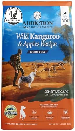 Addiction Wild Kangaroo & Apples Dry Dog Food - Limited Ingredient Diet for Dogs with Allergies & Sensitive Skin - 100% Kangaroo Meat, No Meal - Grain-Free - Made in New Zealand 4lb