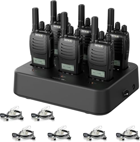 Retevis H777H Walkie Talkies with Earpeice,Portable FRS-Two Way Radio 6Pack | For Schools, Shatterproof Hidden Display, 6-Way Charger, USB-C, Emergency Alarm, Flashlight, with Stretchable Coiled Headset