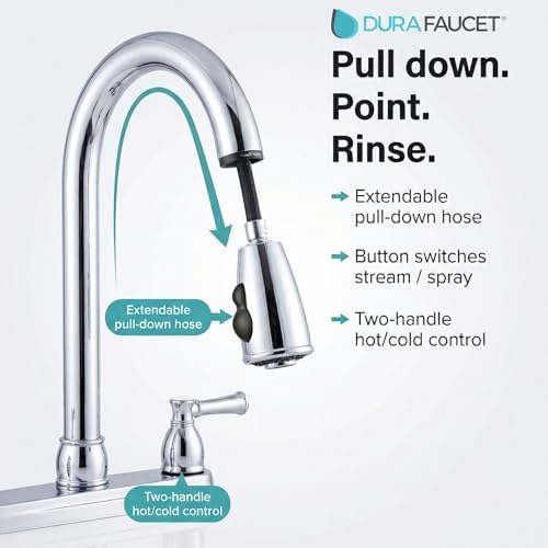 Dura Faucet DF-PK350L-SN RV Pull-Down Kitchen Sink Faucet (Satin Nickel) | Stream-to-spray sprayer with a corrosion-resistant non-metallic build. Brushed Satin Nickel. Plated ABS plastic (not metal).