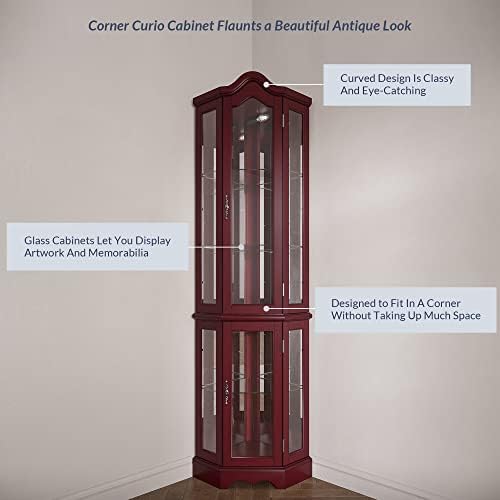 BELLEZE Lighted Corner Display Curved Top Curio Cabinet Wooden Shelving Unit with Tempered Glass Door