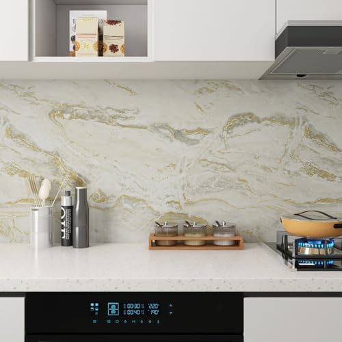 Yenhome Marble Countertop Contact Paper Waterproof Beige Gold Grey Marble Contact Paper for Countertops 17.7"X118" Self Adhesive Marble Wallpaper for Kitchen Matte Peel and Stick Countertop Wrap Vinyl