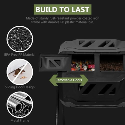 SUPER DEAL Outdoor Compost Tumbler, 43 Gallon Dual Chamber BPA Free Large Compost Bin 360° Rotating Tumbling Composter for Garden Yard, Black