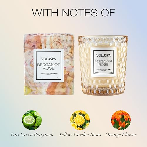 Voluspa Bergamot Rose, Classic Candle Jar, 6.5 oz, 40 Hour Burn Time, Coconut Wax for Clean Burning, Handcrafted in the USA