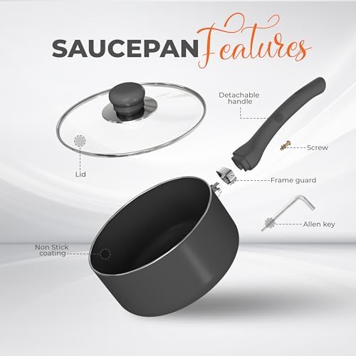 Utopia Kitchen Saucepan 2 QT Detachable Handle with Lid Grey Black | Glass Lid, Multipurpose Use, Home Kitchen and Restaurant, Nonstick Coating, Durable