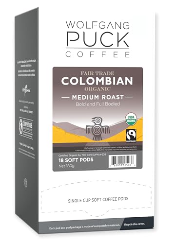 Wolfgang Puck Coffee, Organic Colombian Fair Trade, 9.5 Gram Soft Pods, 18 Count (Pack of 1)