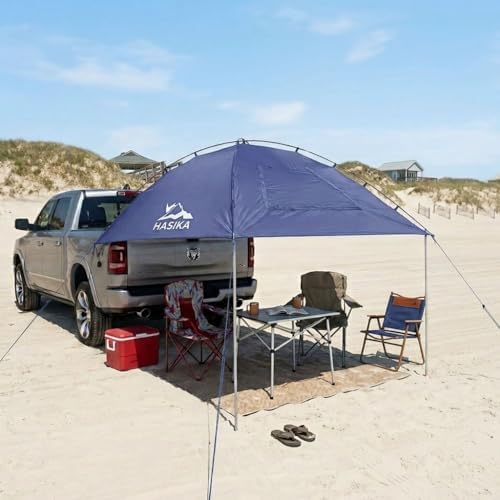 Hasika Waterproof SUV Tailgate Tent and Car Awning | Universal fit for SUVs Vans RV Trailer. Features heavy-duty suction cups, adjustable poles