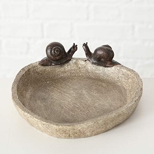 Bird Bath with 2 Snails, Off White Stone Finished Basin and Brown, All Weather Poly Resin, 8 1/4 inches Diameter (21cm)