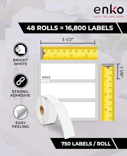 enKo 30252 12 Rolls | 4200 Address and Shipping Labels (1-1/8 x 3-1/2 in) | Water resistant Direct Thermal Return Address and Barcode Labels Compatible with Dymo LabelWriter 450 Turbo and 4XL Printers