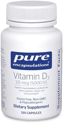 Pure Encapsulations Vitamin D3 125 mcg (5,000 IU) - Supplement to Support Bone, Joint, Breast, Heart, Colon, and Immune Health* - with Vitamin D - 120 Capsules | Supplement to Support Bone, Joint, Breast, Heart, Colon, and Immune Health*, with Vitamin D