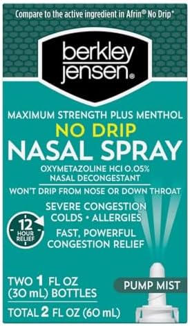 Berkley Jensen No Drip Severe Congestion Nasal Spray - Maximum Strength Decongestant with Oxymetazoline HCl & Menthol - Pump Mist Applicator, No Steroid, 12 Hour Relief, 1 Fluid Ounce (Pack of 3)